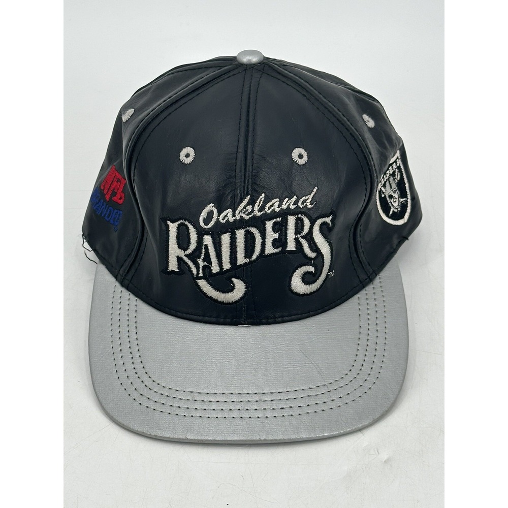 Vintage 90s Team NFL Oakland Raiders Snapback Hat Cap Black Leather Football NFL